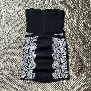 Bebe Black and White Strapless Bodycon Dress